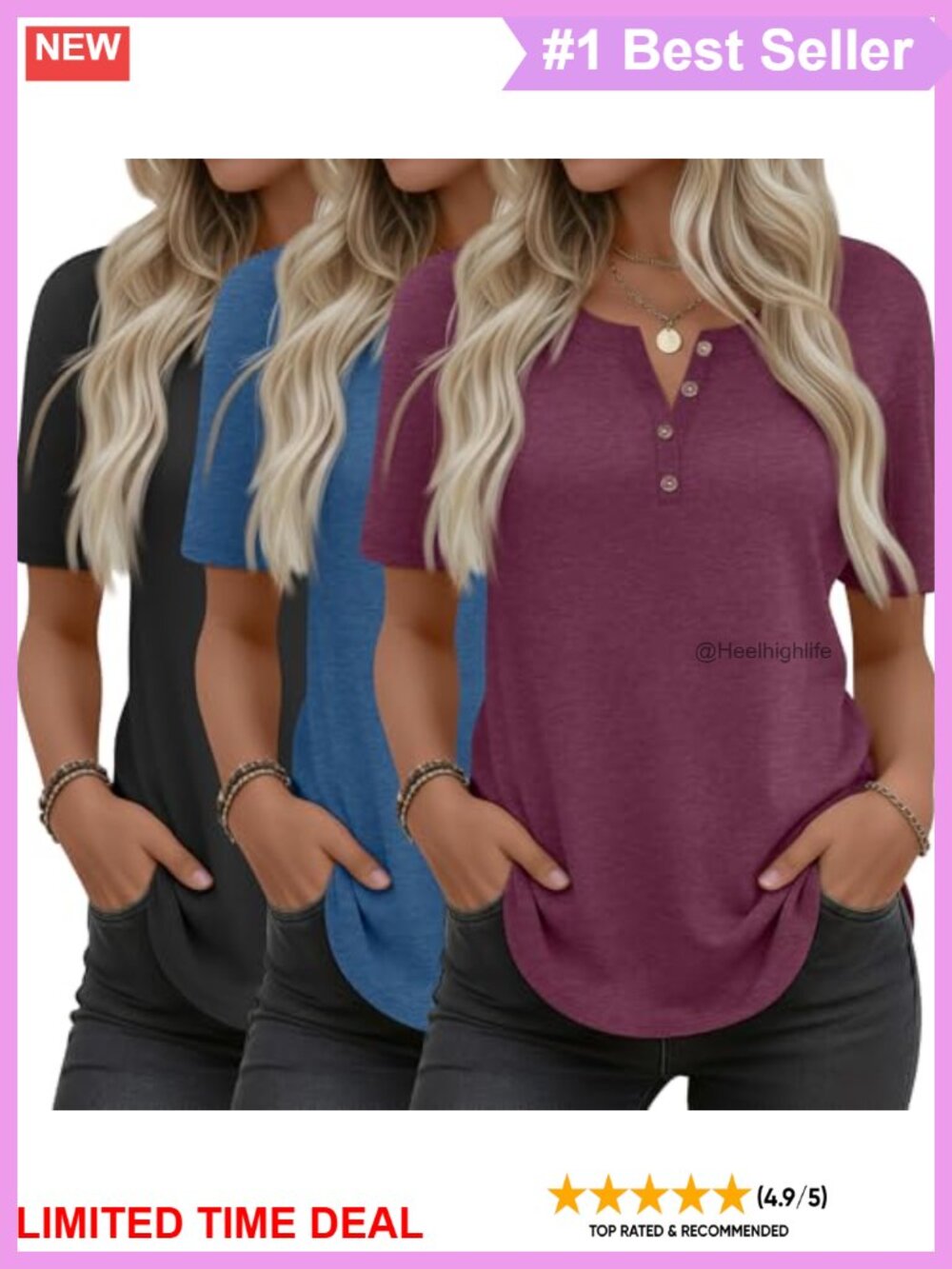 3 Pack Women's Henley Tunic Tops Curved Hem Loose Fit Short Sleeve